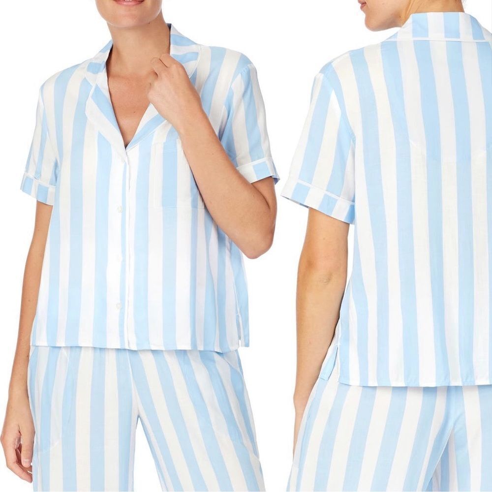 NWOT SHADY LADY SHORT SLEEVE PAJAMA/ LOUNGE TOP BLUE/WHITE STRIPES SIZE LARGE